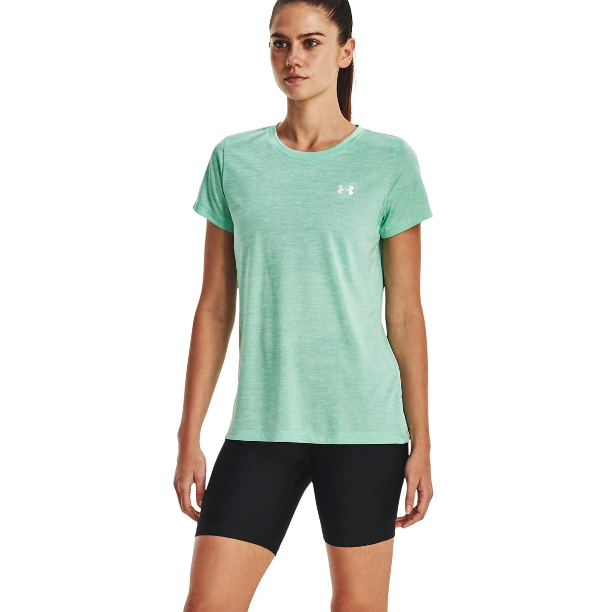 Under Armour Womens Tech Twist T-Shirt (Green Breeze-White-Metallic Silver)